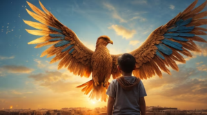 child looking at the phoenix bird flying above him
